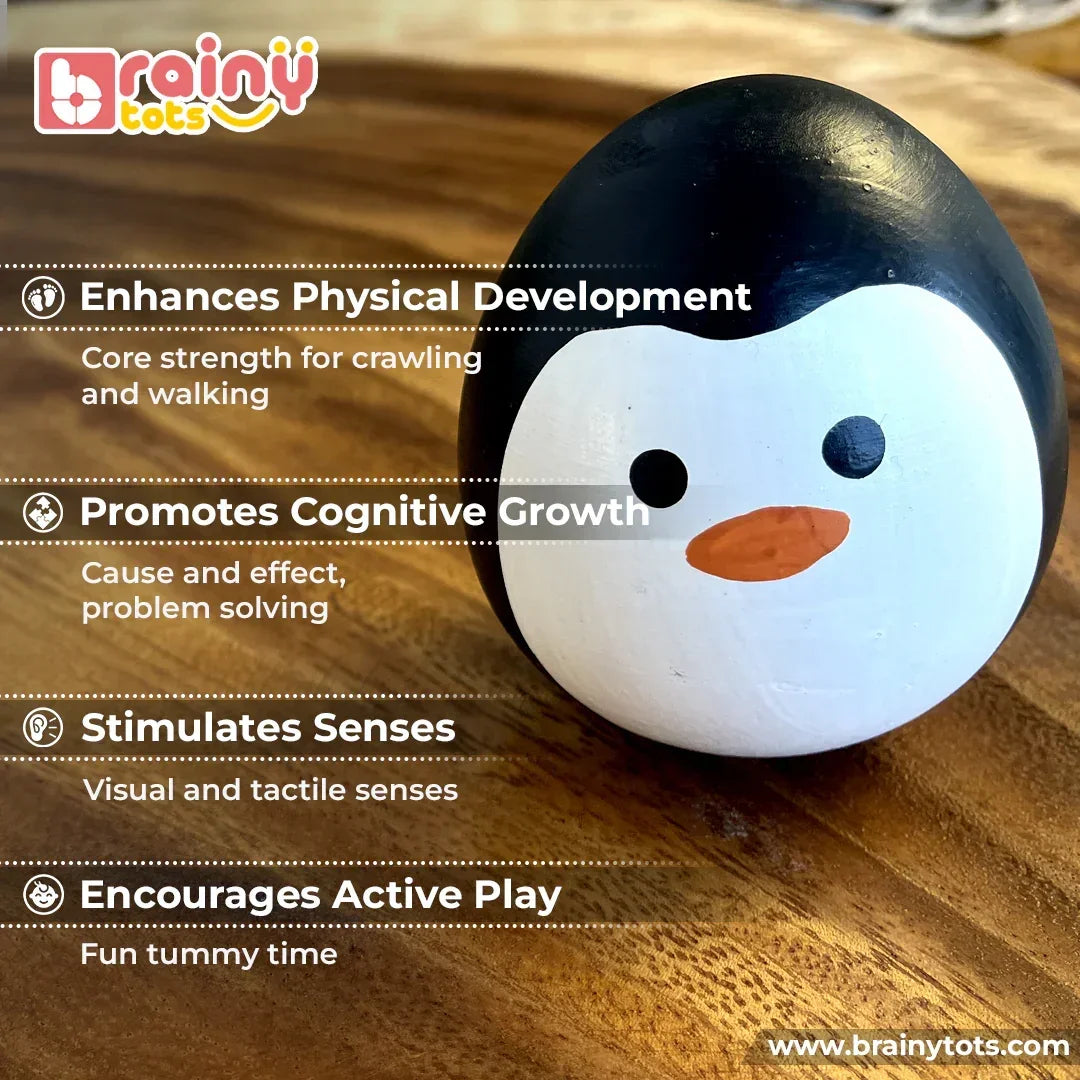 BrainyTots Montessori Balancing Wobbler supporting tummy time, physical development, cognitive growth, sensory stimulation, and active play through gentle wobbling movement for babies 0–12 months.