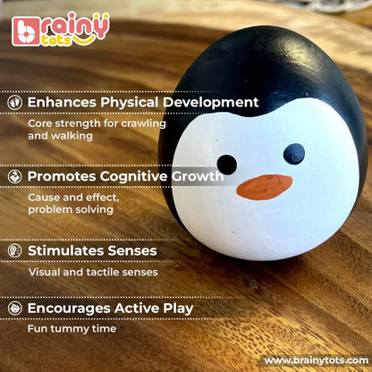 BrainyTots Montessori Balancing Wobbler supporting tummy time, physical development, cognitive growth, sensory stimulation, and active play through gentle wobbling movement for babies 0–12 months.