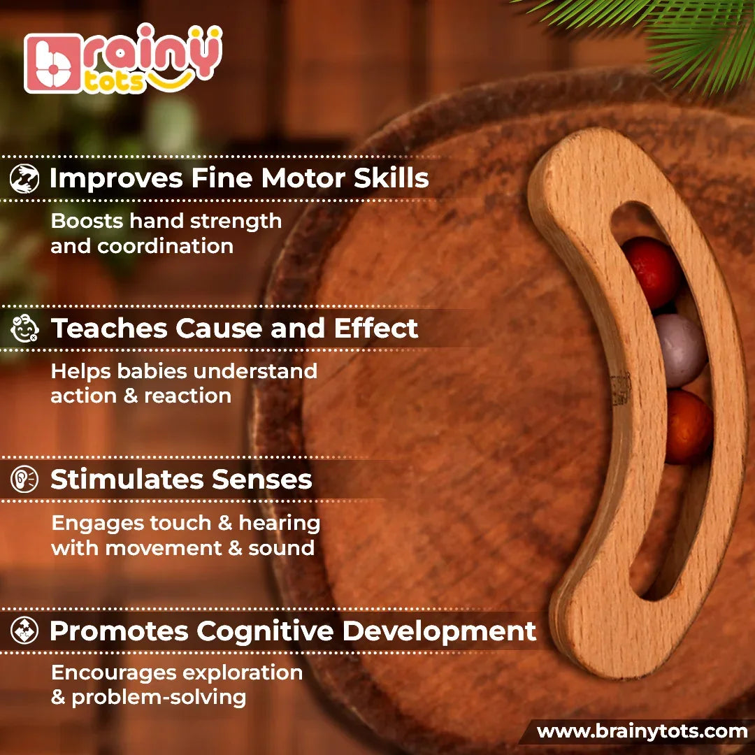 BrainyTots Montessori Banana Busy Beads Rattle infographic highlighting fine motor skills, cause-and-effect learning, sensory stimulation through touch and sound, and cognitive exploration for babies aged 2–18 months.