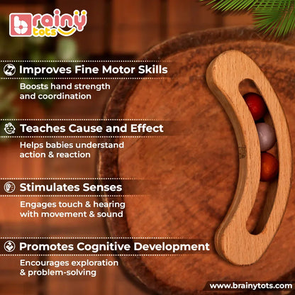 BrainyTots Montessori Banana Busy Beads Rattle infographic highlighting fine motor skills, cause-and-effect learning, sensory stimulation through touch and sound, and cognitive exploration for babies aged 2–18 months.