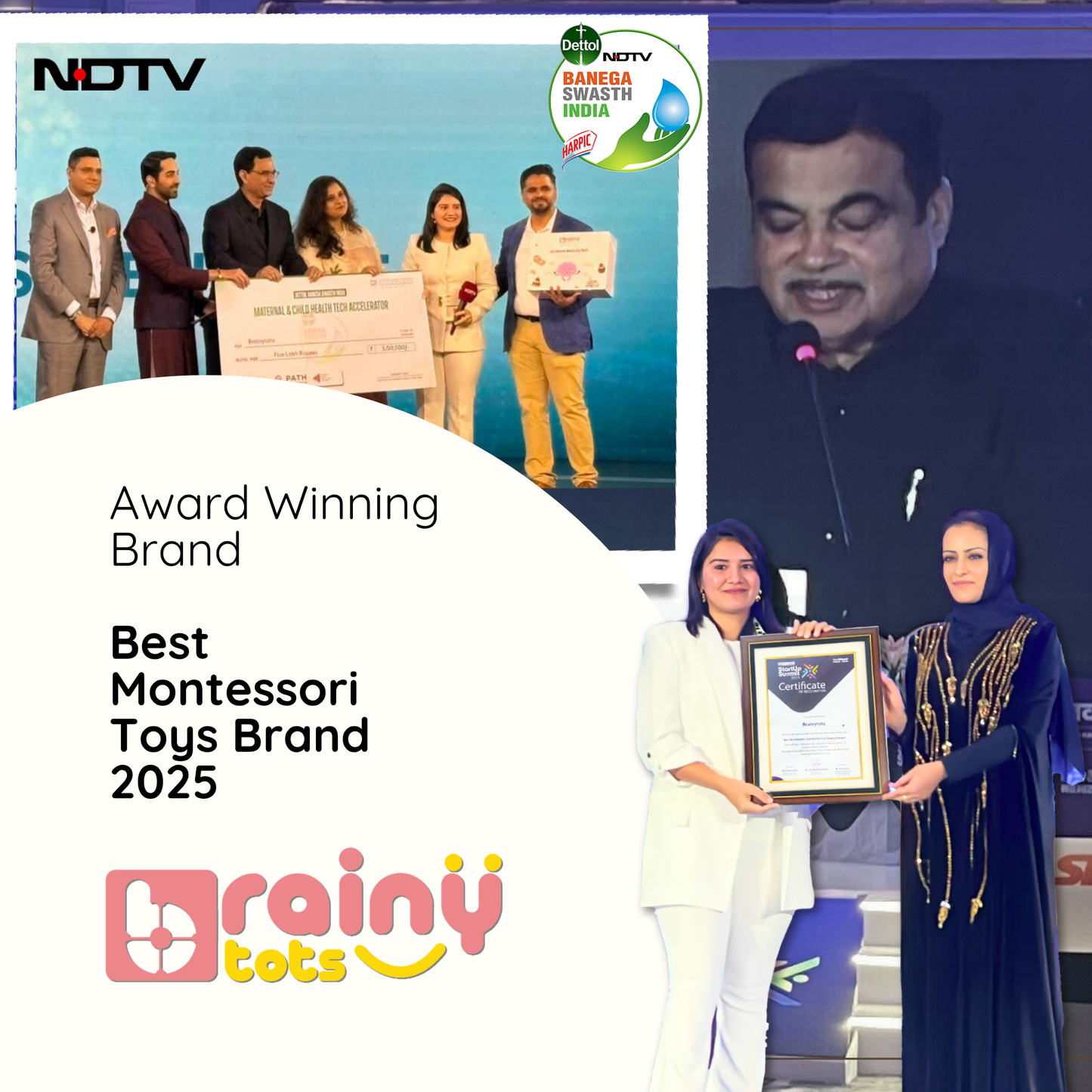 BrainyTots award-winning Montessori toys brand recognized as Best Montessori Toys Brand 2025, featuring award presentation and media coverage.