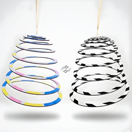 BrainyTots Dual-Sided Spiral Hanging Mobile featuring a high-contrast black-and-white side for newborn visual development and a colorful side for older babies. This Montessori-inspired wooden baby mobile encourages visual tracking, concentration, curiosity, sensory exploration, and calmness for babies aged 0–6 months