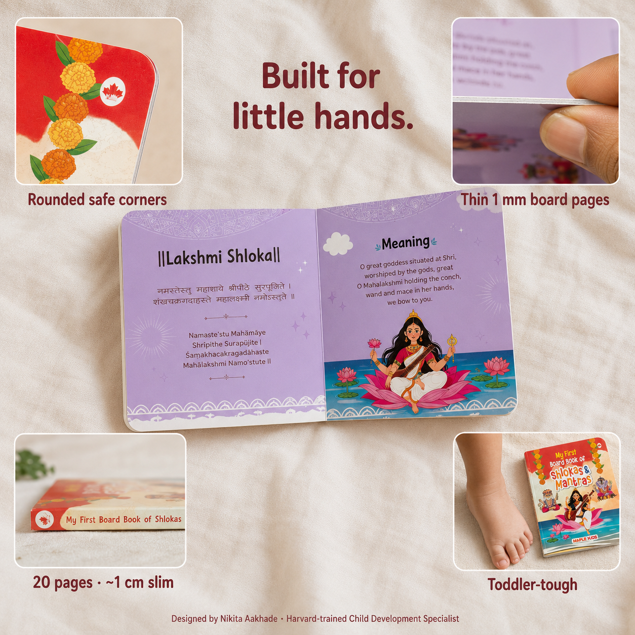 My First Board Book of Shlokas & Mantras opened to a Lakshmi Shloka page, highlighting rounded safe corners, durable 1 mm thick board pages, a slim 20-page design, and a toddler-friendly size that is easy for little hands to hold, turn, and explore.