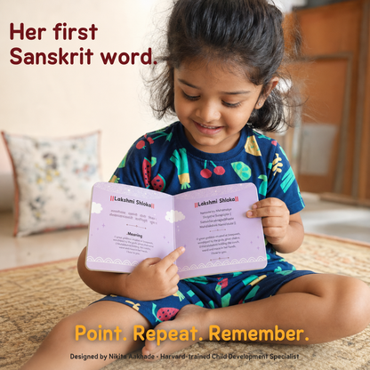 Child reading the Brainytots Board Book of Shlokas & Mantras featuring Sanskrit shlokas with English and Hindi translations, helping toddlers and preschoolers develop early language skills, memory, Indian cultural values, and spiritual learning.