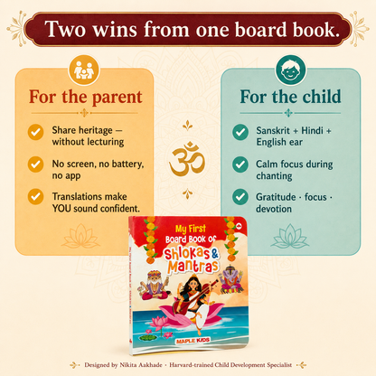 Benefits infographic for Brainytots Board Book of Shlokas & Mantras showing how the board book supports both parents and children through Sanskrit shlokas with English and Hindi translations, encouraging family reading, Indian cultural learning, language development, gratitude, focus, devotion, and screen-free parent-child bonding for ages 2–6 years.