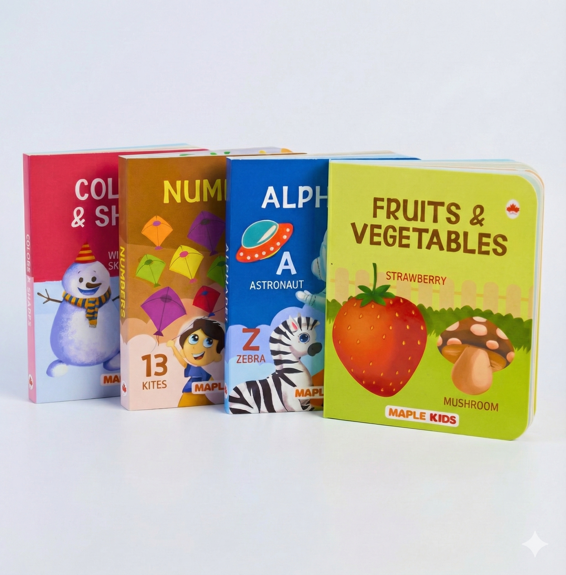 BrainyTots Board Books Set of 4 featuring Fruits & Vegetables, Numbers, Alphabets, and Colours & Shapes, designed for babies 3+ months to encourage early reading, language development, vocabulary building, and Montessori learning.