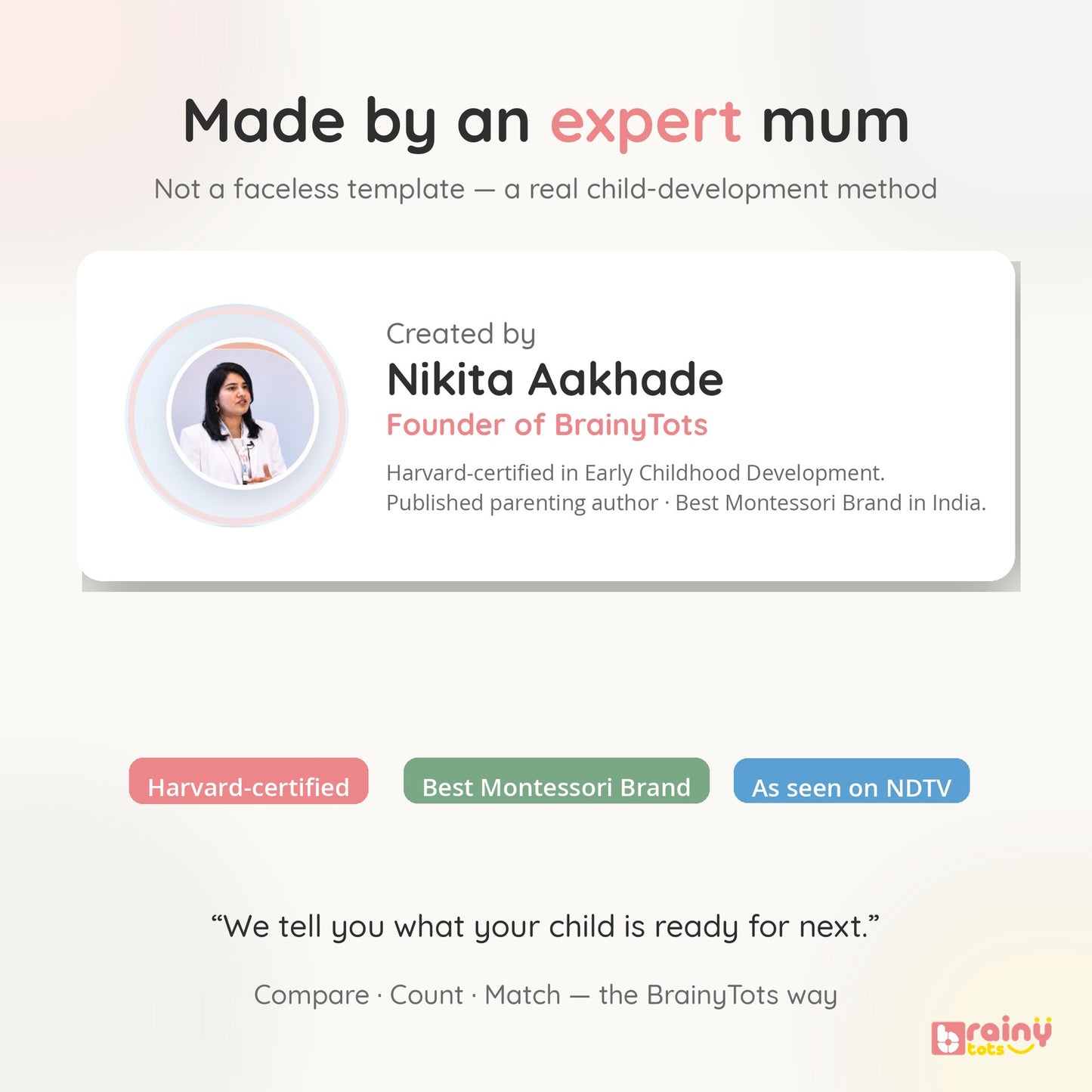BrainyTots Brainy Thinking Worksheets created by founder Nikita Aakhade, a Harvard-certified early-childhood development specialist.