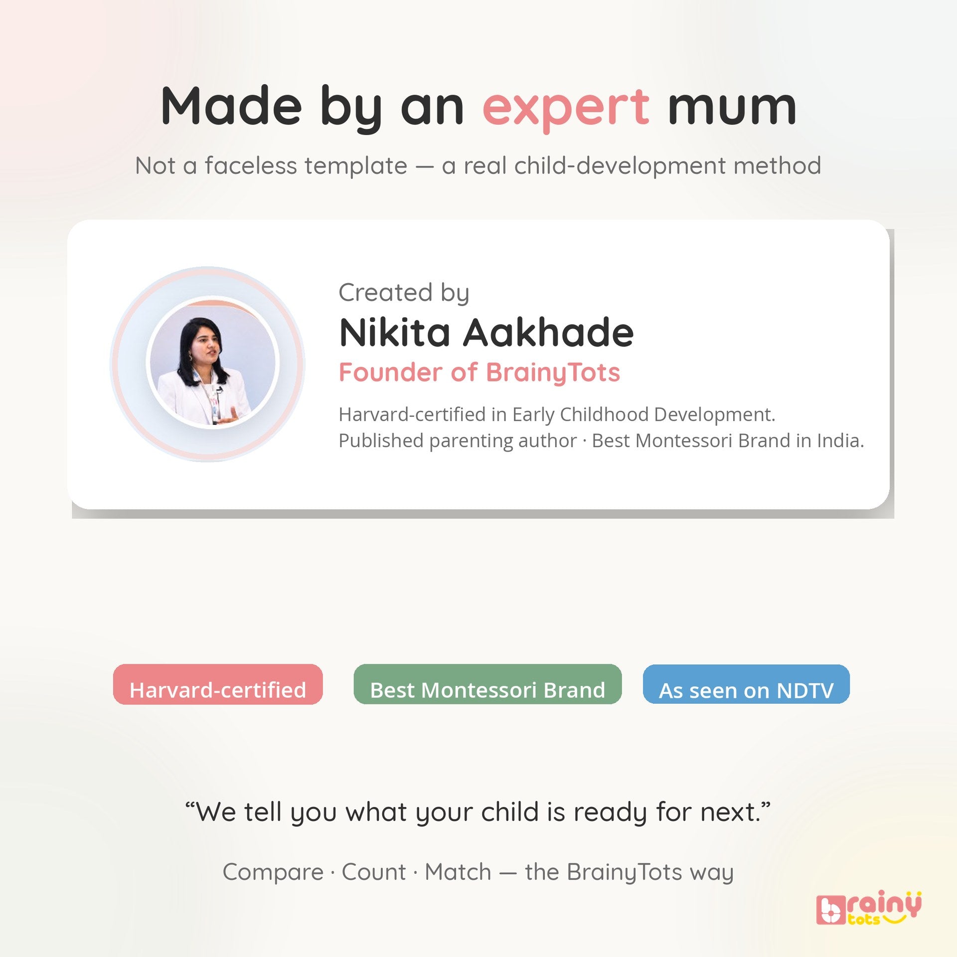 BrainyTots Brainy Thinking Worksheets created by founder Nikita Aakhade, a Harvard-certified early-childhood development specialist.