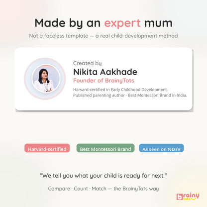 BrainyTots Brainy Thinking Worksheets created by founder Nikita Aakhade, a Harvard-certified early-childhood development specialist.