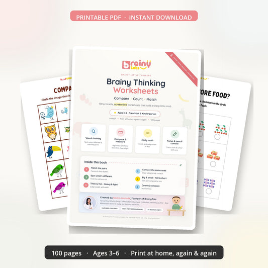 BrainyTots Brainy Thinking Worksheets with 100 printable screen-free activities for preschoolers ages 3–6.