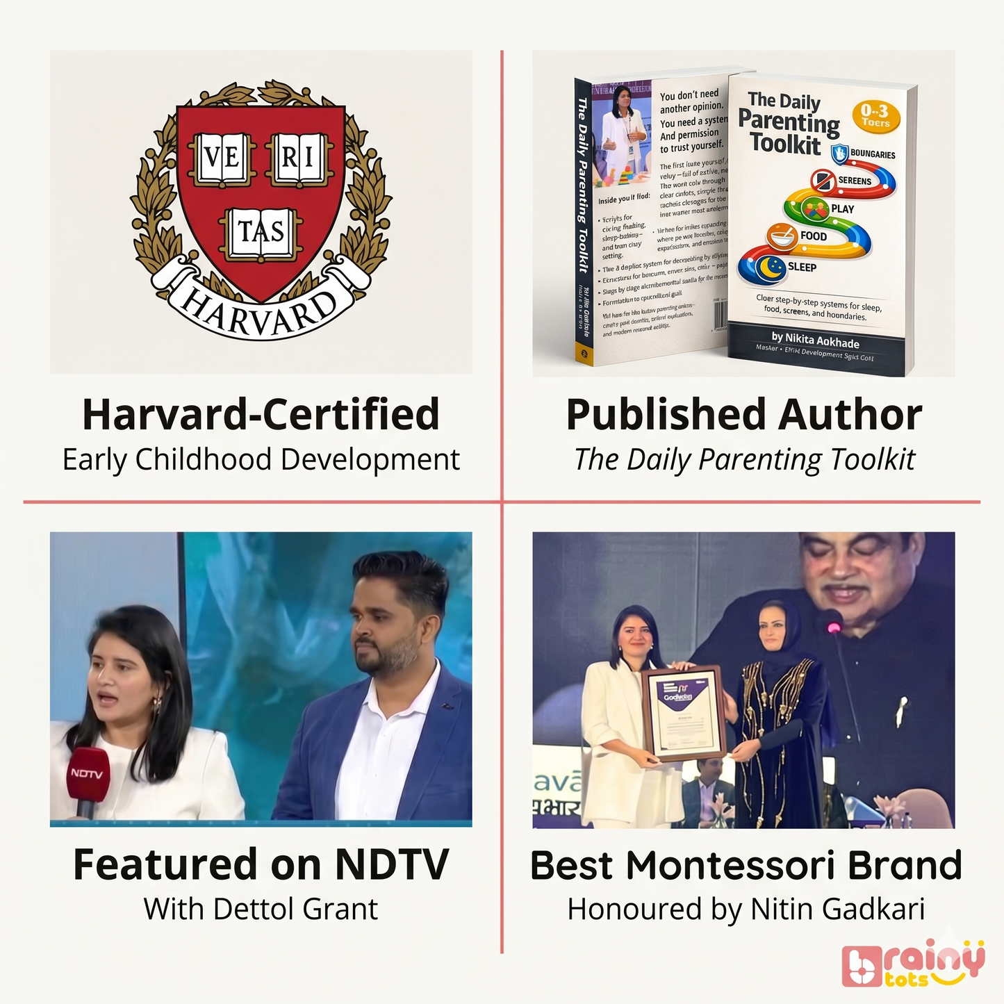BrainyTots showcasing Harvard-certified early childhood expertise, published parenting resources, national media recognition, and award-winning Montessori educational toys for trusted preschool learning.