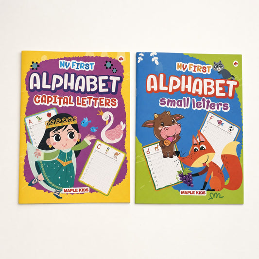 BrainyTots set of two letter tracing workbooks for kids featuring Capital A–Z and Small a–z handwriting practice.