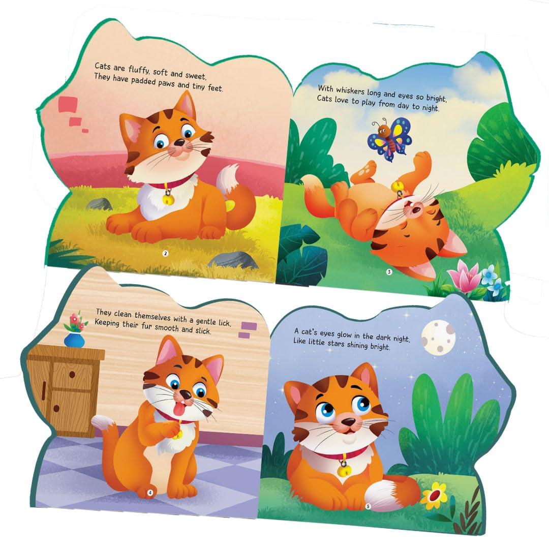 Inside pages of the BrainyTots Cat Animal Board Book featuring colorful cat illustrations and simple stories that build first words, vocabulary, picture reading, and early literacy for babies 4–48 months.