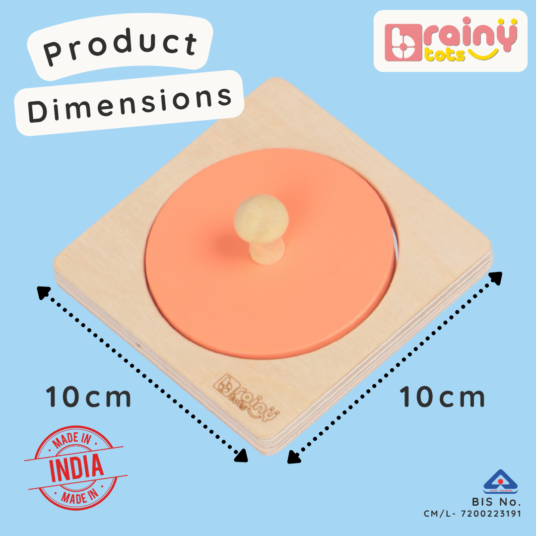 BrainyTots wooden Circle Shape Puzzle with mirror and ergonomic knob, showing product dimensions of 10 cm by 10 cm.