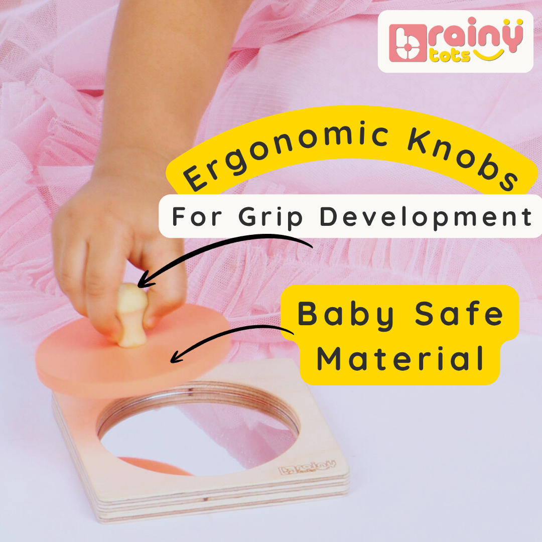 Baby gripping the ergonomic knob of the BrainyTots wooden Circle Shape Puzzle, designed for easy grasping and fine motor skill practice.