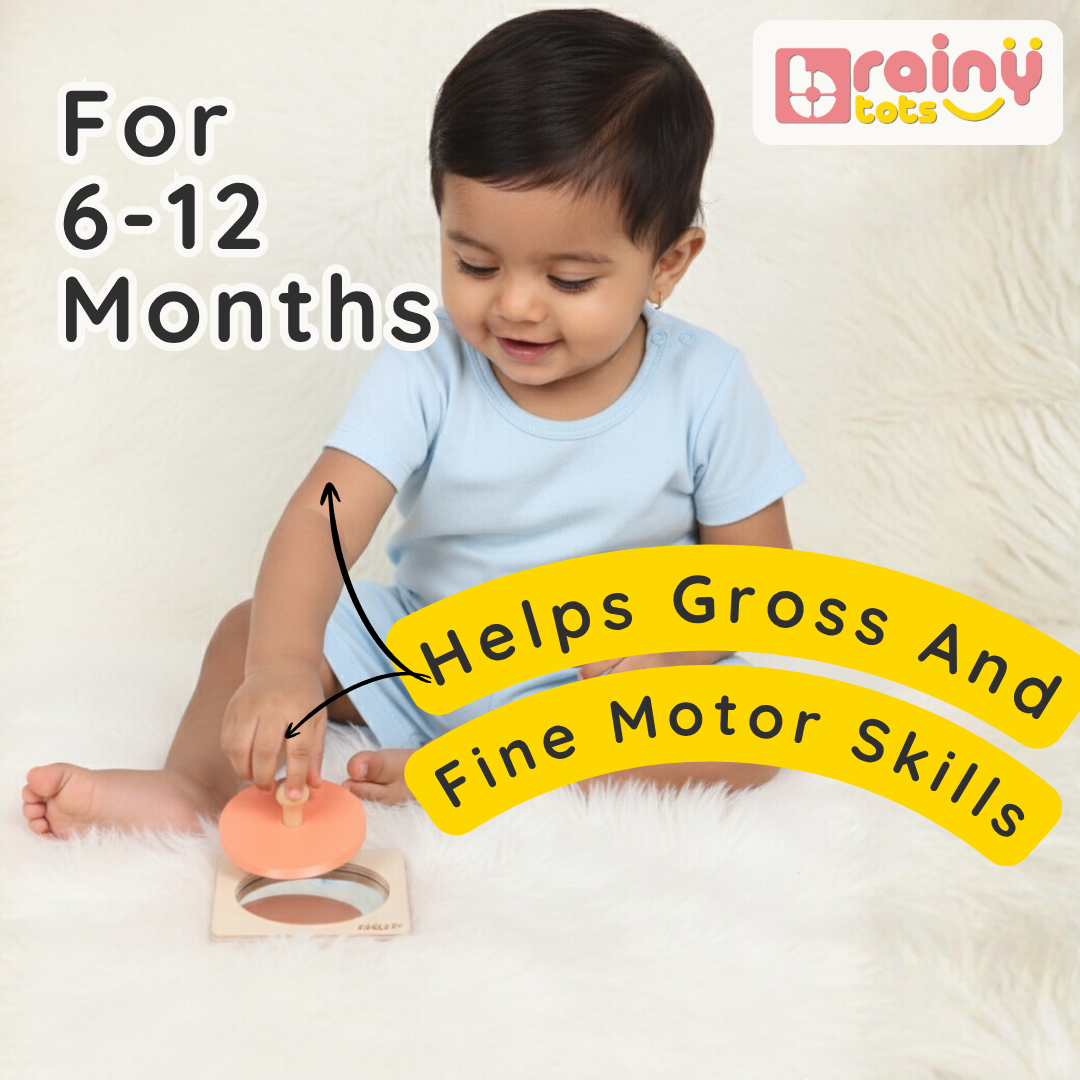 Baby playing with the BrainyTots wooden Circle Shape Puzzle, practicing grasping and hand movements to support fine and gross motor skills for ages 6–12 months.