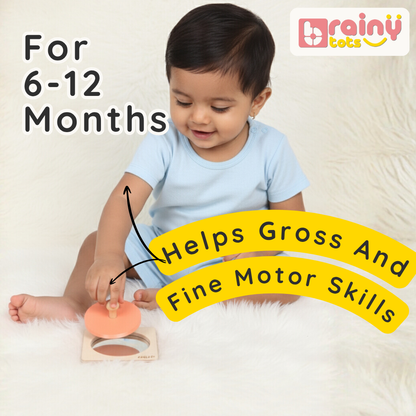 Baby playing with the BrainyTots wooden Circle Shape Puzzle, practicing grasping and hand movements to support fine and gross motor skills for ages 6–12 months.