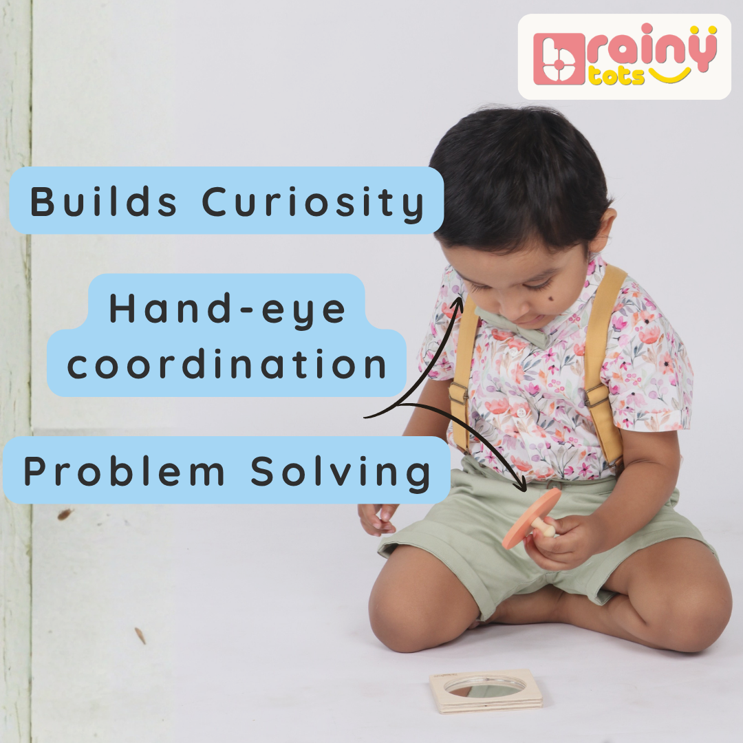 Child playing with the BrainyTots wooden Circle Shape Puzzle, practicing hand-eye coordination, problem-solving, and curiosity through hands-on play.