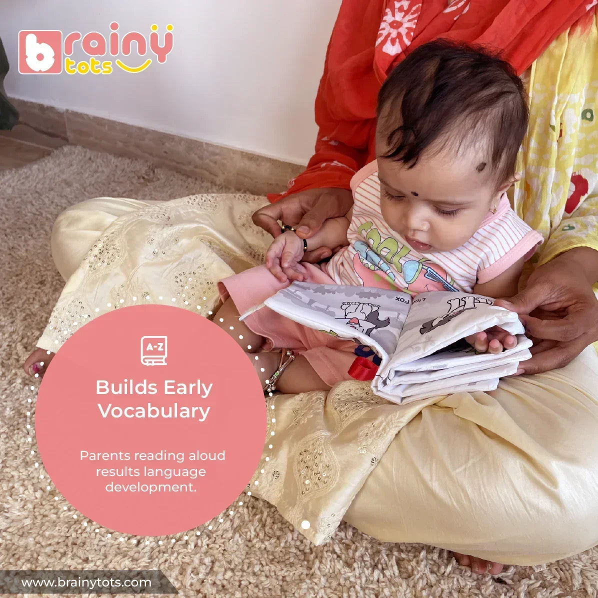 Parent reading the BrainyTots Montessori High-Contrast Cloth Book – Early Seeing & Calm Play Book with a baby. The soft jungle-themed crinkle sensory book encourages shared reading, builds early vocabulary, supports language development, visual stimulation, and parent-child bonding for newborns and babies aged 0–12 months.