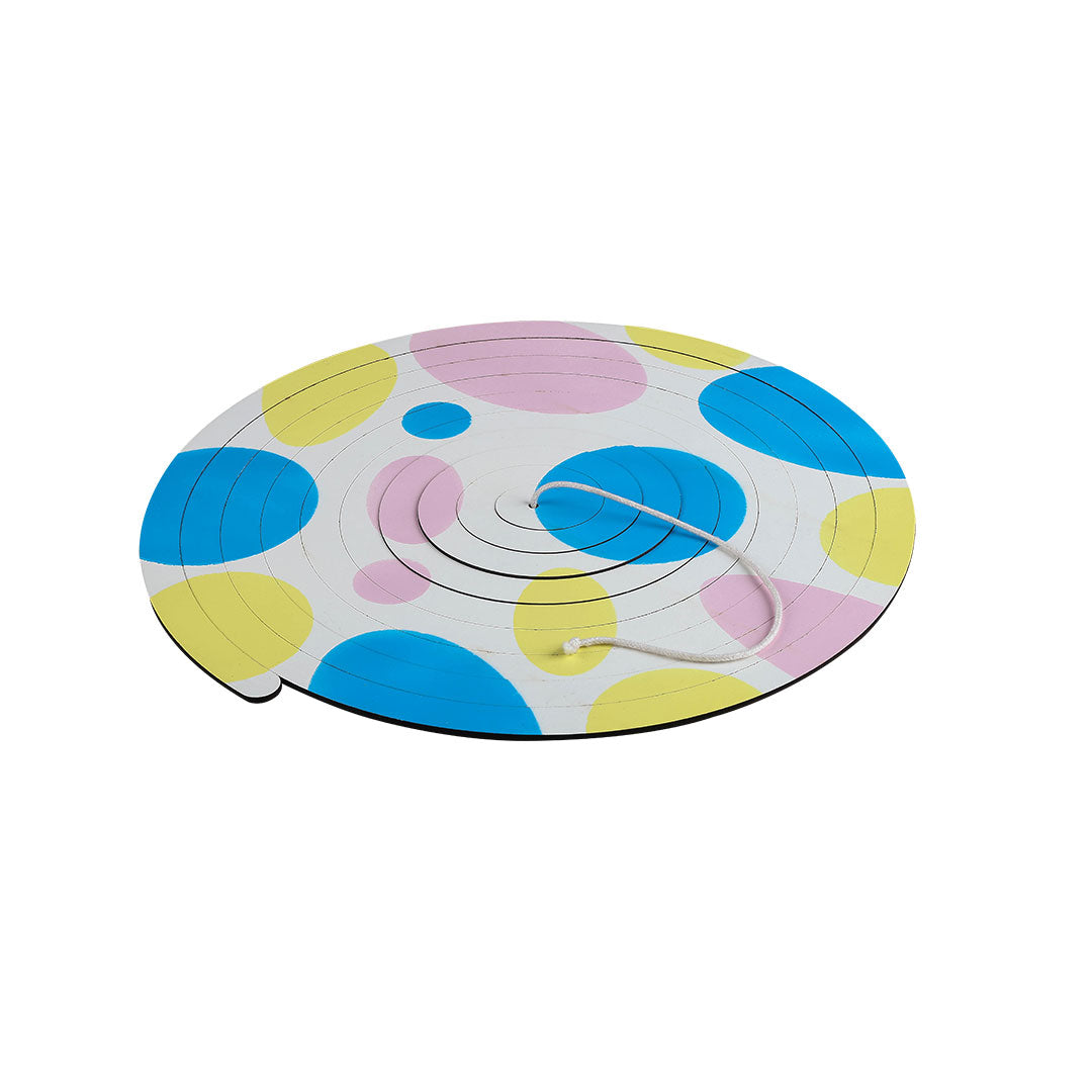 Colorful side of the BrainyTots Dual-Sided Spiral Hanging Mobile featuring soft pastel patterns designed to stimulate visual development, curiosity, and sensory exploration. This Montessori-inspired natural wooden baby mobile supports visual tracking, focus, and concentration for babies aged 3–12 months.