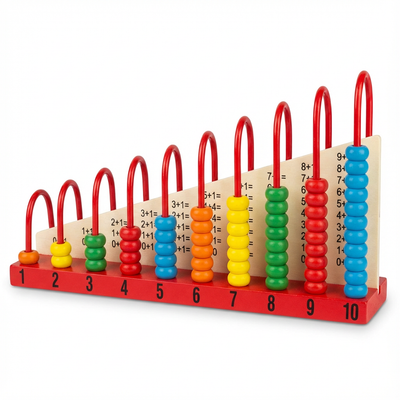BrainyTots Wooden Counting Abacus with built-in addition and subtraction board featuring colorful wooden beads for counting, early math learning, and Montessori education.