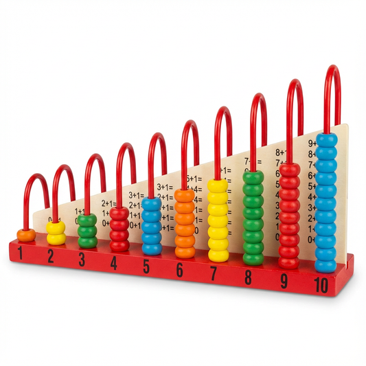 BrainyTots Wooden Counting Abacus with built-in addition and subtraction board featuring colorful wooden beads for counting, early math learning, and Montessori education.