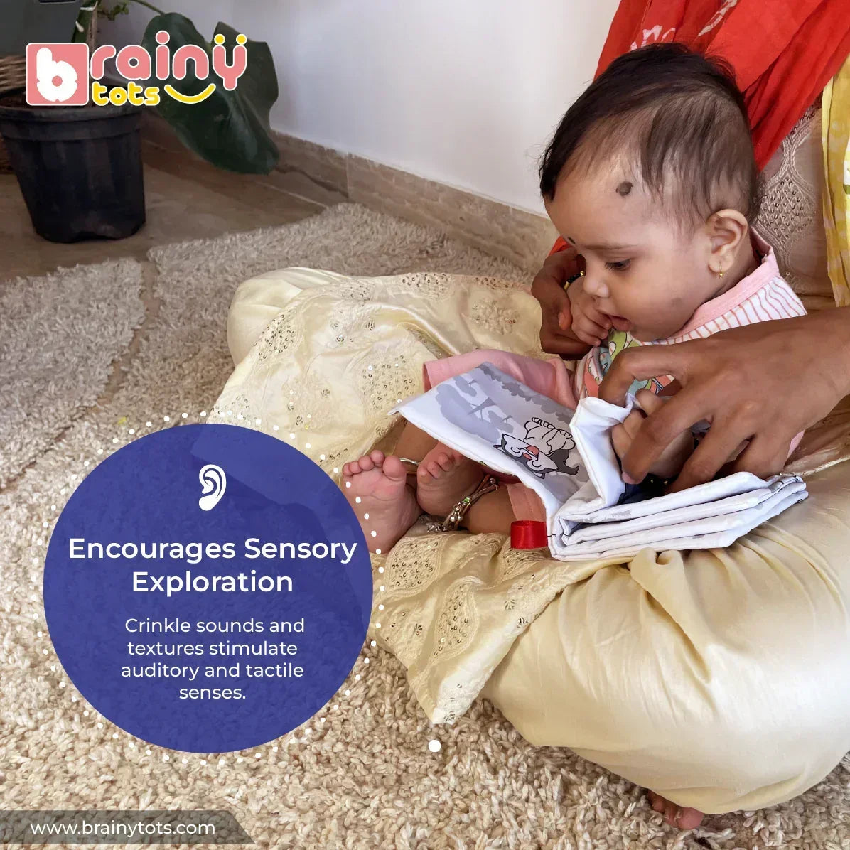 Parent helping a baby explore the BrainyTots Montessori High-Contrast Cloth Book – Early Seeing & Calm Play Book. The soft crinkle sensory book with textured pages and bold jungle illustrations encourages tactile exploration, auditory stimulation, visual development, and early sensory learning for newborns and babies aged 0–12 months.