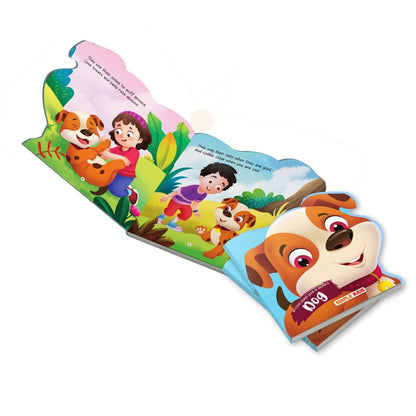BrainyTots Dog Animal Board Book with colorful cover and illustrated story pages, designed to build first words, vocabulary, animal recognition, and early reading skills for babies 4–48 months.
