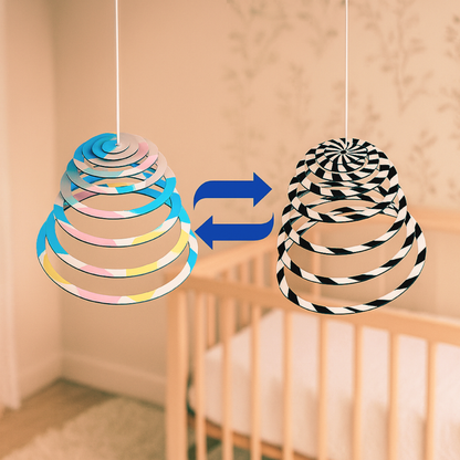 BrainyTots Dual-Sided Spiral Hanging Mobile showing its reversible design with a colorful spiral on one side and a high-contrast black-and-white spiral on the other. This Montessori-inspired wooden baby mobile adapts to different stages of visual development, supporting visual tracking, focus, concentration, and sensory exploration for newborns and babies aged 0–12 months.