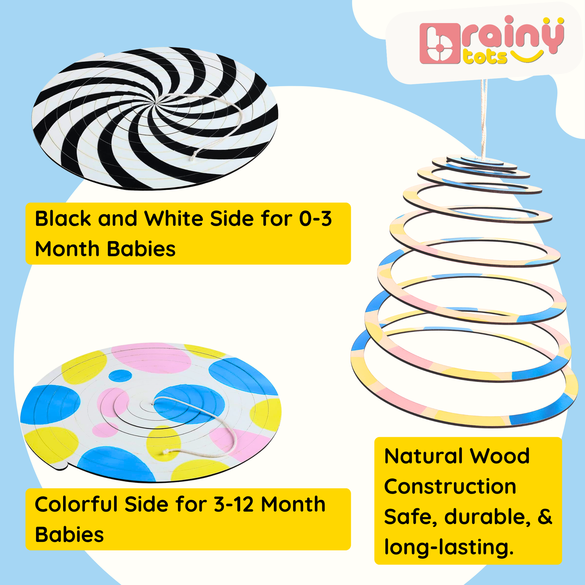 BrainyTots Dual-Sided Spiral Hanging Mobile featuring a high-contrast black-and-white side for newborns aged 0–3 months and a colorful side for babies aged 3–12 months. Made from natural wood, this Montessori-inspired hanging mobile encourages visual tracking, focus, concentration, curiosity, and sensory development while supporting your baby's changing visual needs.