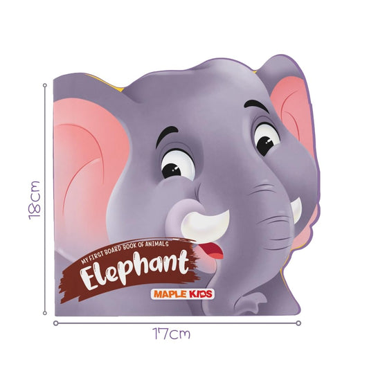BrainyTots Elephant Animal Board Book for babies 4–48 months with colorful illustrations and dimensions shown, designed to build first words, animal recognition, and early reading skills.