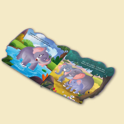 Inside pages of the BrainyTots Elephant Animal Board Book featuring colorful elephant illustrations and simple storytelling to build vocabulary, early reading, and animal recognition for babies 4–48 months.