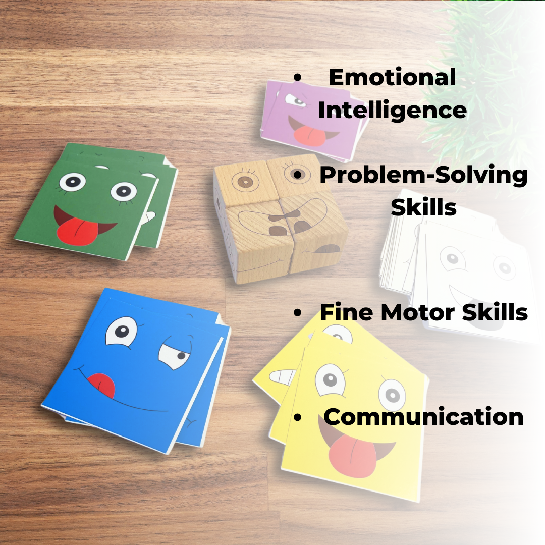 BrainyTots emotion cube benefits graphic highlighting emotional intelligence, problem-solving, fine motor skills, and communication.