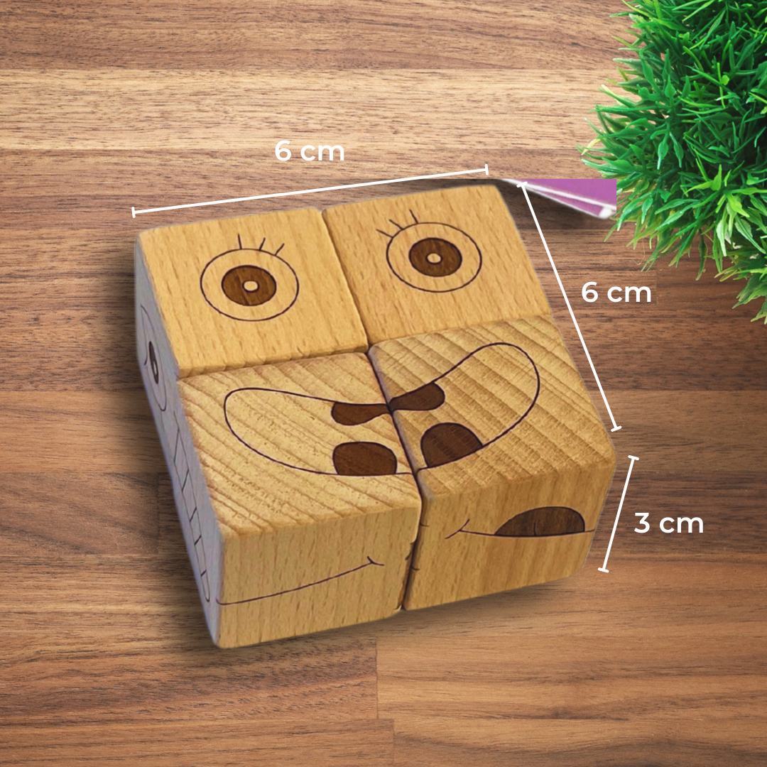 BrainyTots Face Match Fun Cube showing 6 cm width, 6 cm height, and 3 cm cube depth.