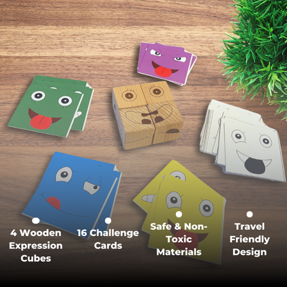 BrainyTots Face Match Fun Cube features four wooden expression cubes, 16 challenge cards, safe materials, and a travel-friendly design.