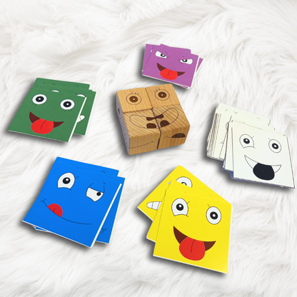 BrainyTots Face Match Fun emotion cubes with colorful expression cards for matching facial expressions.
