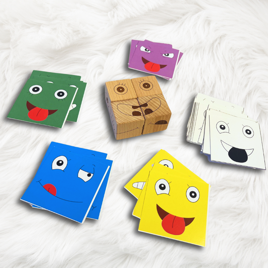 BrainyTots Face Match Fun emotion cubes with colorful expression cards for matching facial expressions.