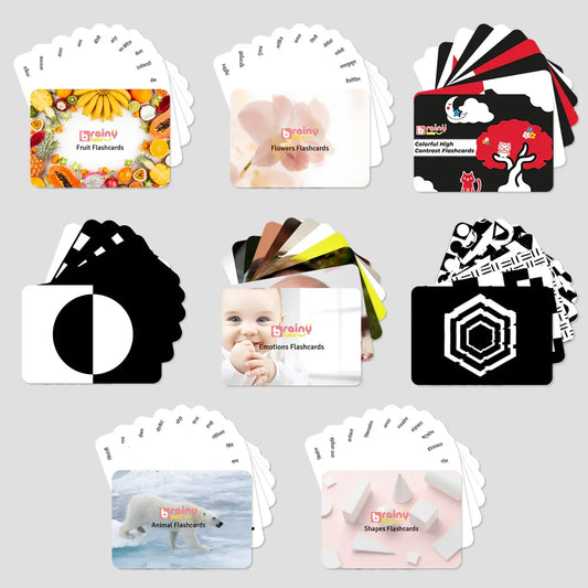 Flash Cards Kit of 8 Sets for babies with 68 educational flashcards covering animals, fruits, flowers, shapes, emotions, and progressive high-contrast designs that support early learning from birth to 24 months.