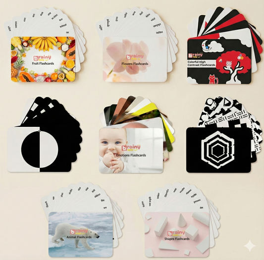 BrainyTots Flash Cards Kit of 8 Sets featuring 68 high-contrast and colorful learning flashcards including animals, fruits, flowers, shapes, emotions, and black-and-white visual cards for babies aged 0–24 months.