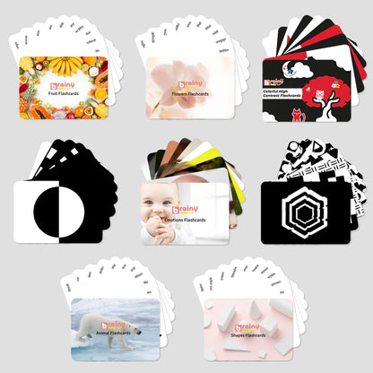 BrainyTots Flash Cards Kit of 8 Sets featuring 68 educational flashcards including high-contrast, colorful, animal, fruit, flower, shape, and emotion flashcards designed for babies aged 0–24 months.