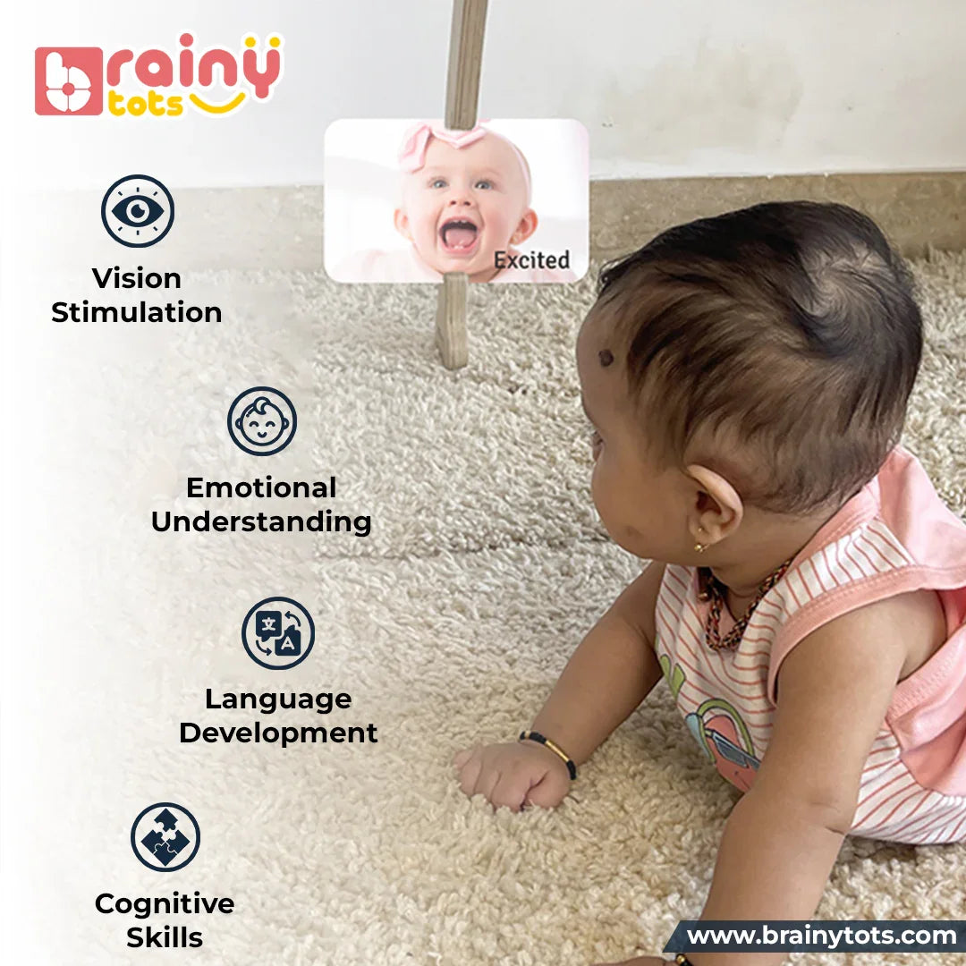 Baby exploring the BrainyTots Flash Cards Kit of 8 Sets with emotion flashcards that support visual stimulation, emotional understanding, language development, and cognitive skills through interactive learning for babies aged 0–24 months.