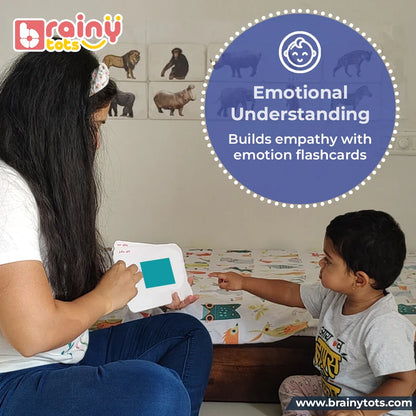 Parent using the BrainyTots Flash Cards Kit of 8 Sets with a toddler to introduce emotions, encourage emotional understanding, build empathy, and support early social-emotional development through interactive learning for children aged 0–24 months.