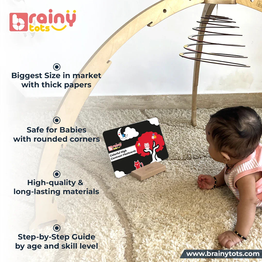 BrainyTots Flash Cards Kit of 8 Sets featuring large thick flashcards with rounded corners, durable baby-safe materials, and an age-wise learning guide designed for babies aged 0–24 months.