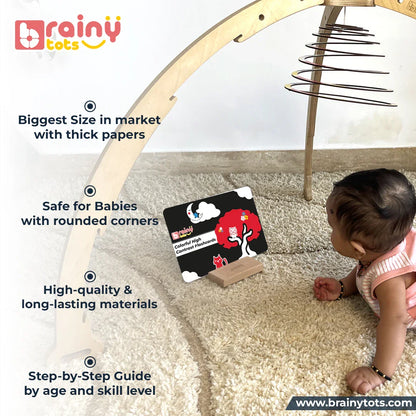 BrainyTots Flash Cards Kit of 8 Sets featuring large thick flashcards with rounded corners, durable baby-safe materials, and an age-wise learning guide designed for babies aged 0–24 months.