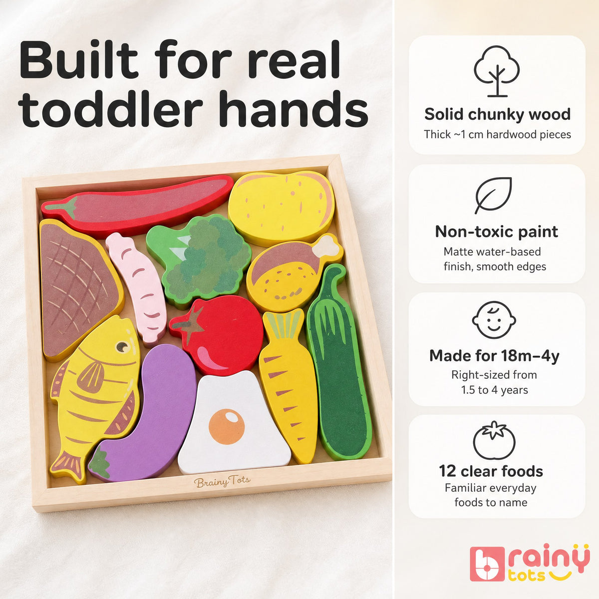 BrainyTots wooden food puzzle featuring chunky hardwood pieces, smooth edges, colorful food designs, and 12 familiar foods.