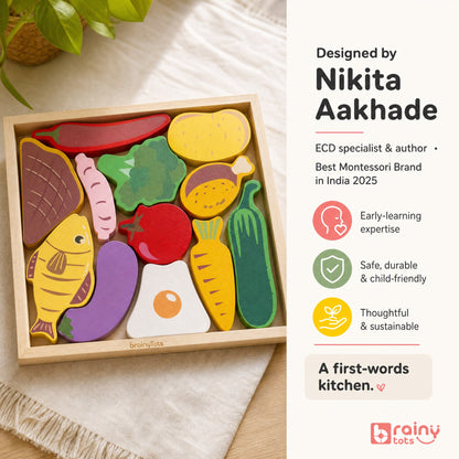 BrainyTots wooden food puzzle featured in a brand story graphic highlighting early-learning expertise, child-friendly design, and its designer.