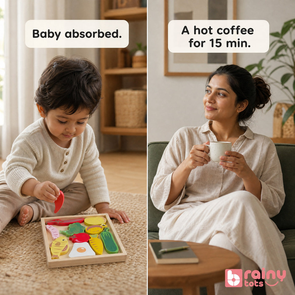 Toddler independently playing with the BrainyTots wooden food puzzle while a parent takes a short break nearby.