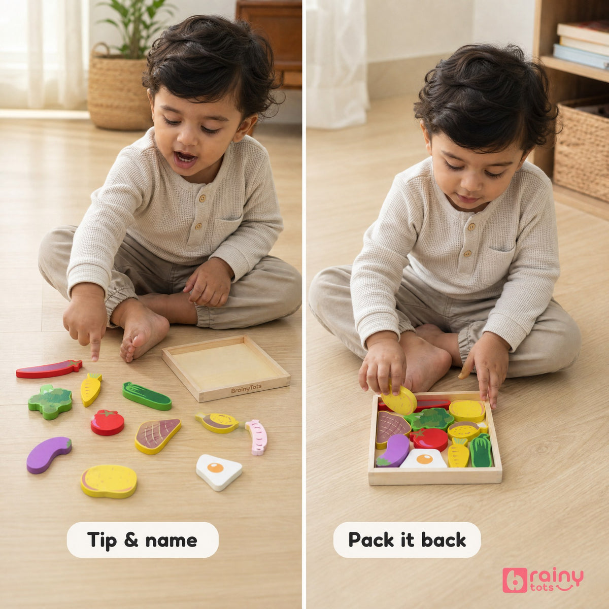 Toddler sorting colorful wooden food pieces and placing them back into the BrainyTots square puzzle tray.
