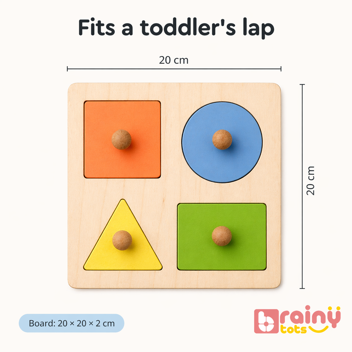 BrainyTots four-shape wooden puzzle showing its product dimensions and piece size.