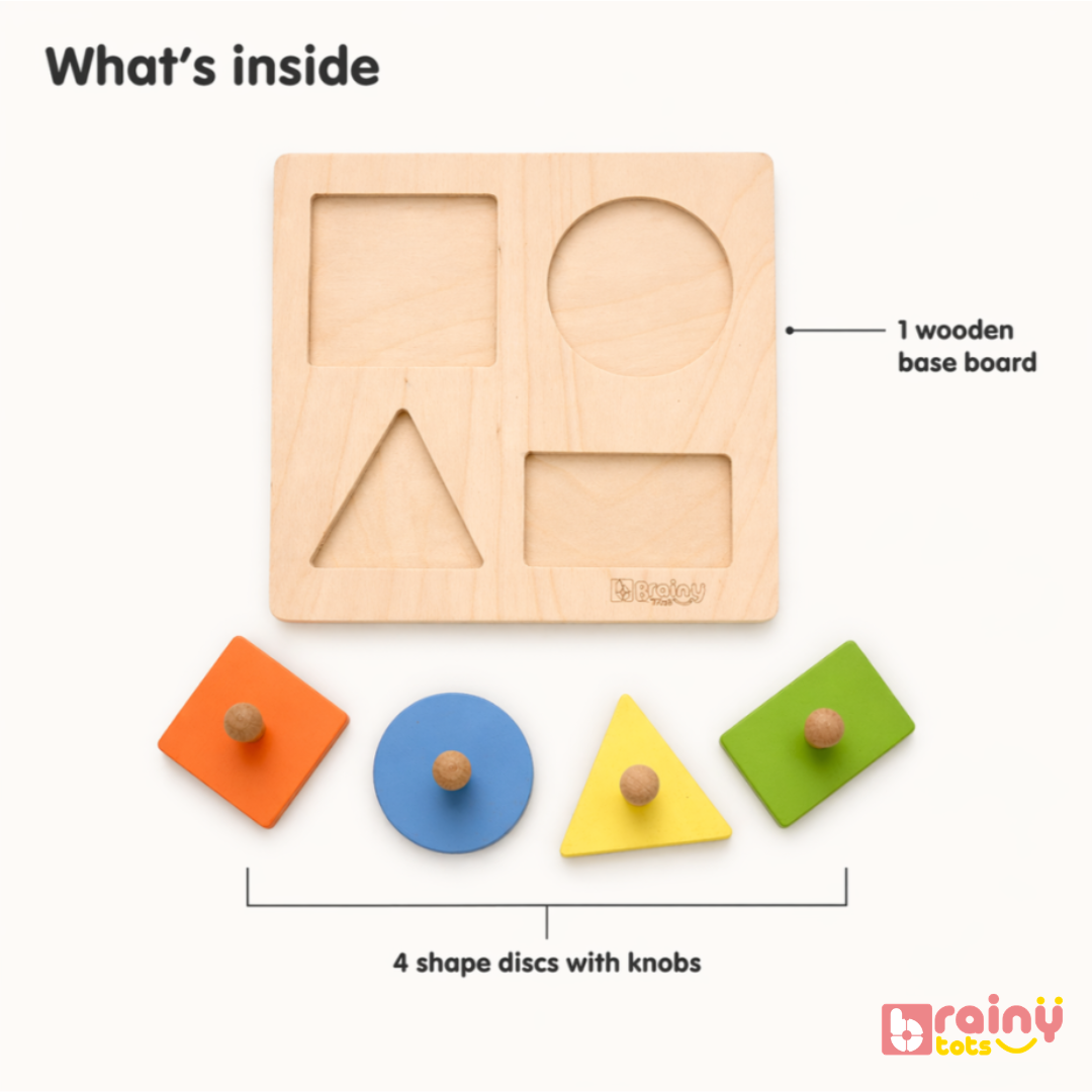 BrainyTots four-shape wooden puzzle with chunky geometric pieces designed for hands-on shape recognition and play.